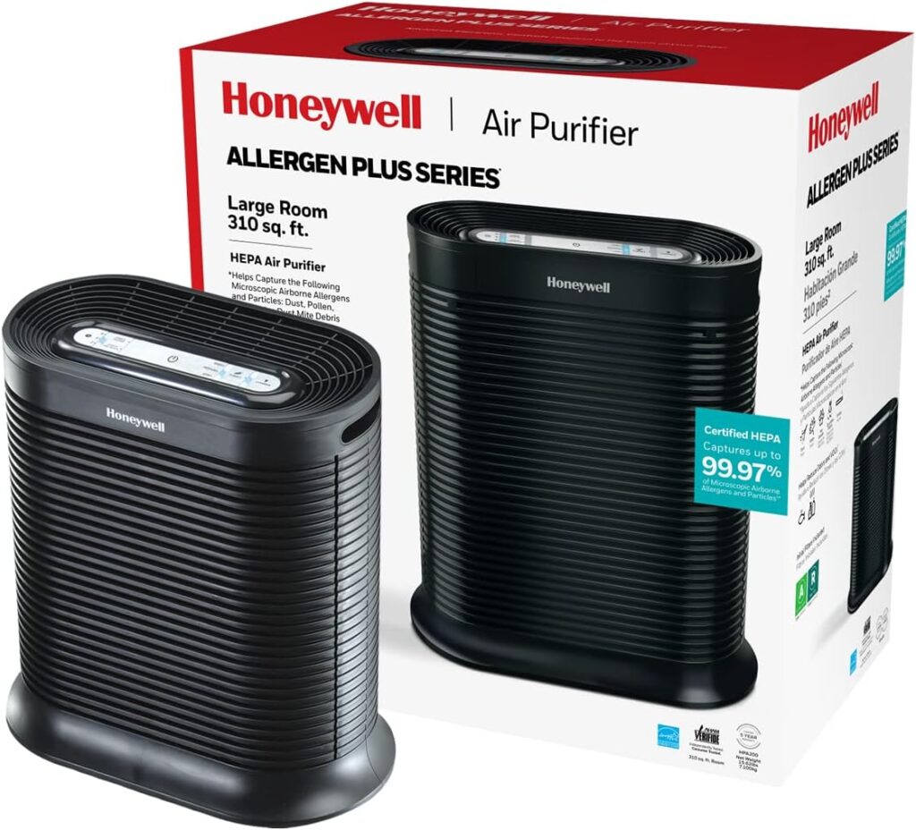 Honeywell AllergenPlus HEPA Air Purifier, Airborne Allergen Reducer for Large Rooms 1500 sq ft, Reduces Allergens, Smoke, Wildfire Smoke, Pollen, Pet Dander and More, Black, HPA200
