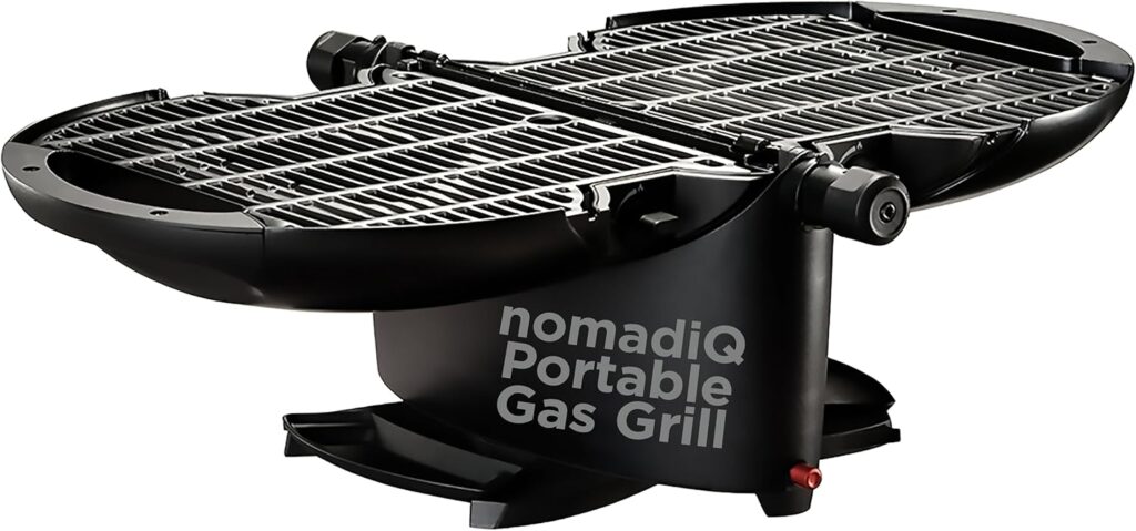 NOMADIQ Portable Propane Gas Grill | Small, Mini, Lightweight Tabletop BBQ | Perfect for Camping, Tailgating, Outdoor Cooking, RV, Boats, Travel (Grill)
