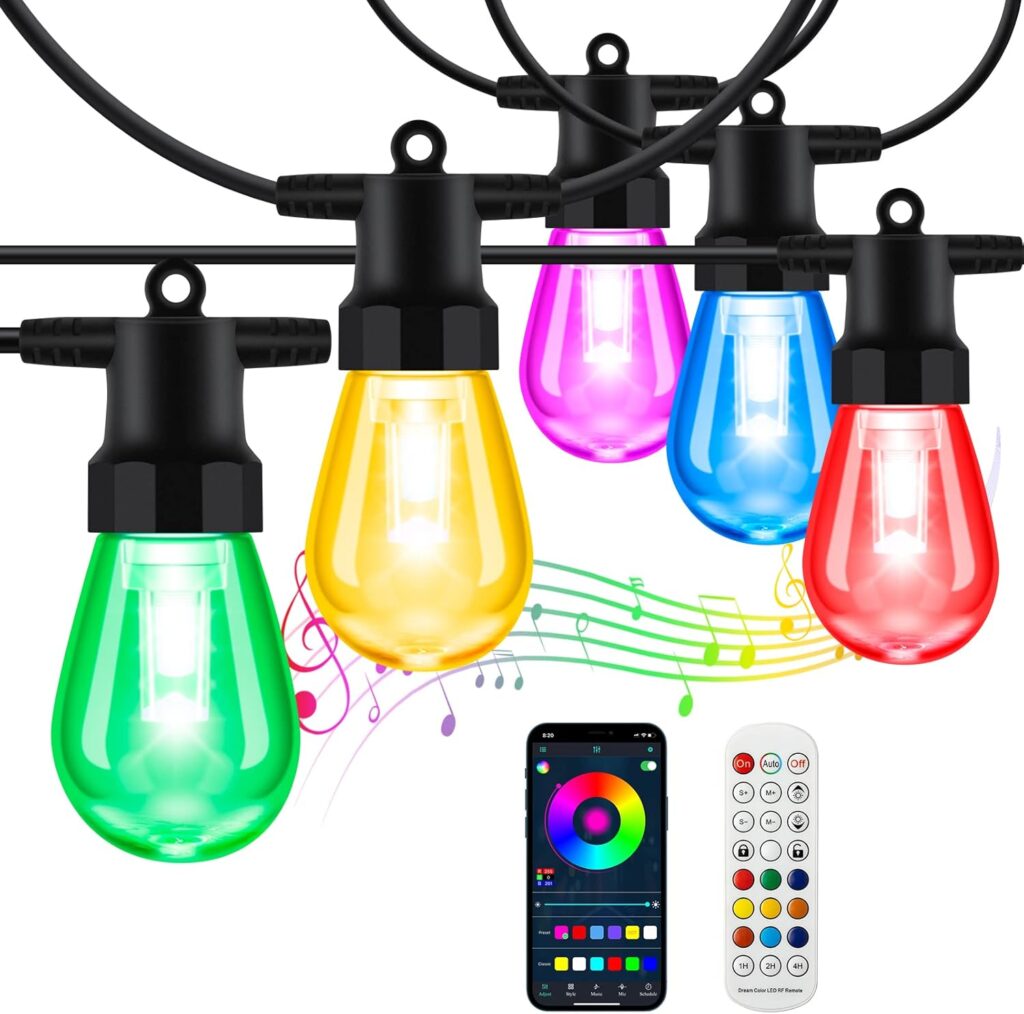 Outdoor String Lights Color Changing – 48FT Sync with Music Led Patio Lights Outdoor Waterproof with App and Remote Hanging 15 RGB Bulb Create Ambience for Garden, Cafe, Backyard, Christmas, Party