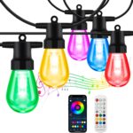 Outdoor String Lights Color Changing – 48FT Sync with Music Led Patio Lights Outdoor Waterproof with App and Remote Hanging 15 RGB Bulb Create Ambience for Garden, Cafe, Backyard, Christmas, Party