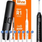 Bitvae R1 Rotating Electric Toothbrush with 8 Brush Heads for Adults and Kids, 60-Day Battery Life, 5 Modes Rechargeable Power Toothbrush with 2-Minute Smart Timer, Black