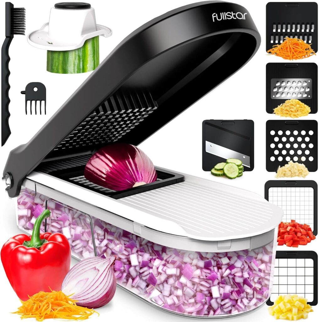 Fullstar Mandoline Slicer for Kitchen – Vegetable Chopper, Onion Potato Food Veggie Fruit Slicer and Cutter with Container, Kitchen Gadgets & Accessories, Home Essentials (6-in-1, White/Black)
