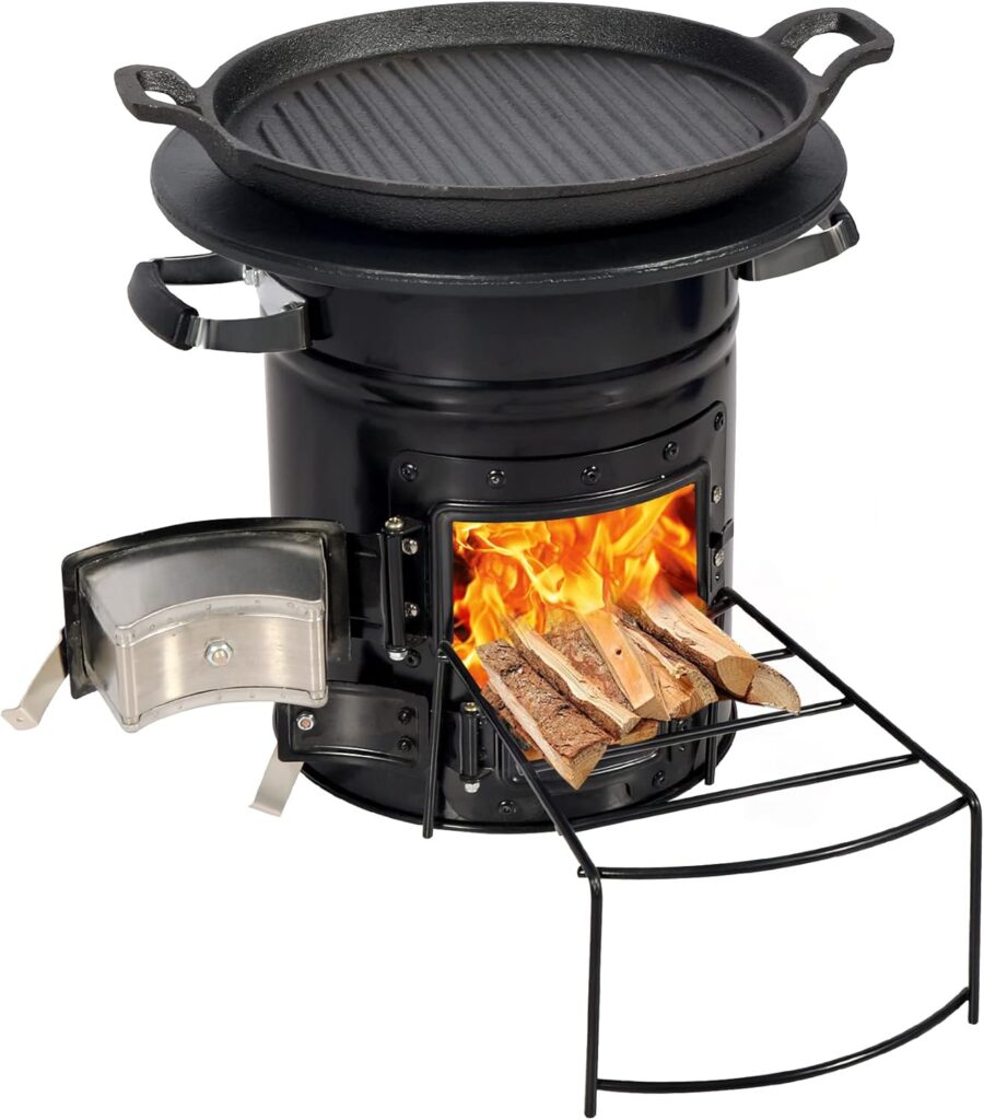Lineslife Rocket Stove Wood Burning Portable and Grill Pan, Charcoal Camping Stove with Handle and Carry Bag for Outdoor Cooking, Backpacking, RV, Survival, Black 12.6″ Stove Top with Two Doors
