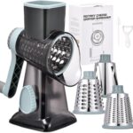 Rotary Cheese Grater with Handle Kitchen Shredder Slicer Grater Slicer Ice Shaver Cheese Vegetable Nuts Potato Zucchini Chocolate 3 Interchangeable Blades (GreyBlue)