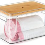 Hudgan Stackable Storage with Bamboo Top for Laundry Room Organization, Extra Large Trash Bag/Garbage Bag Dispenser, Under Sink Organizer, Pantry Organizers