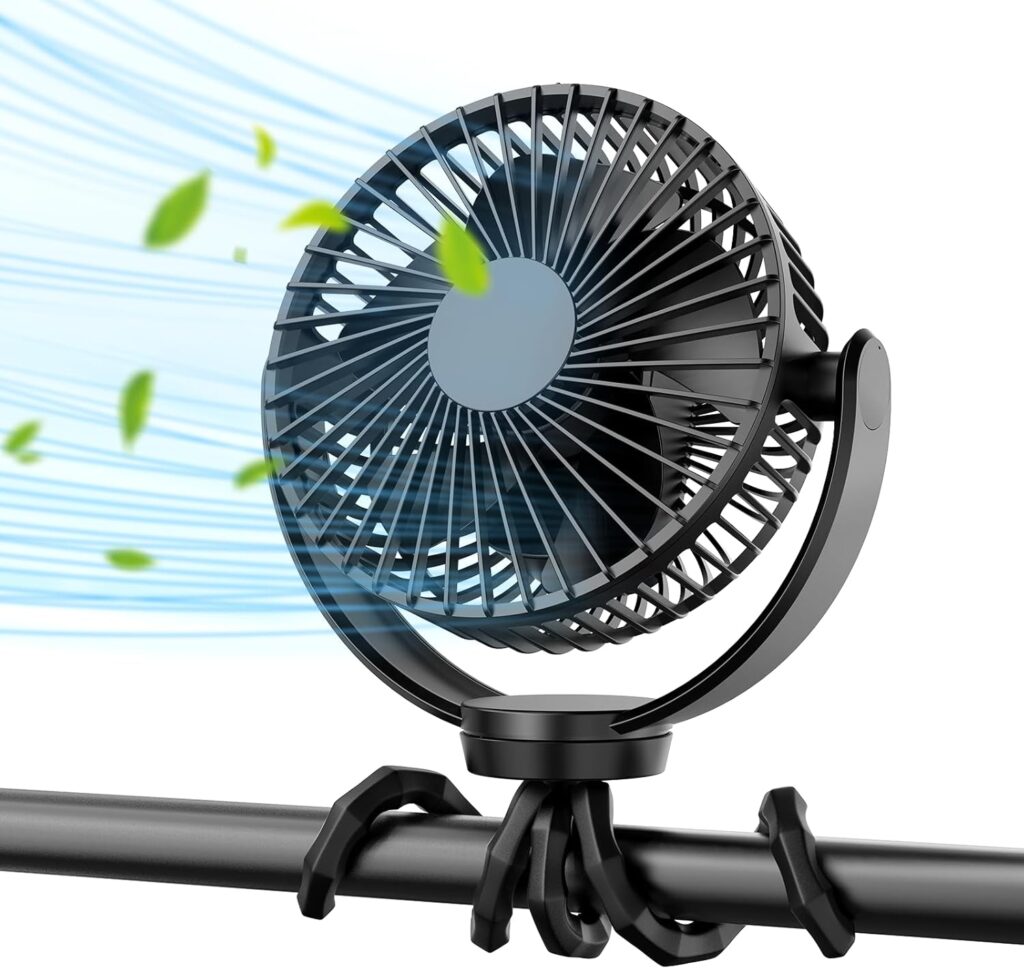 Koonie 5000mAh Portable Stroller Fan – 3-Speed Battery Operated, Flexible Clip-on Tripod, 360° Rotate Flexible Tripod,USB Rechargeable Cooling for Bike, Treadmill, Travel & Car Seat