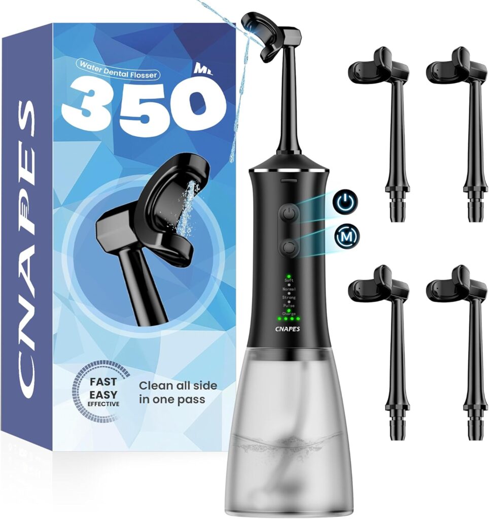 Cordless Water Flosser for Teeth- 350ML & Portable Large Water Tank, Rechargeable Dental Flosser with 4 U-Shaped Flossing Head, 360° Deep Cleaning & 4 Pressure Modes, Long Battery for Home and Travel