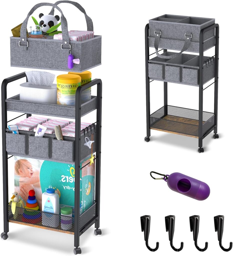 2IN1 Baby Diaper Caddy Organizer-3 Tier Rolling Storage Cart with Dividers – Bedside Diaper Caddy Cart for Baby Nursery Newborn Essentials-Mobile Utility Carts with Wheels for Changing Table