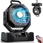 20000mAh Camping Fan, Rechargeable Battery Powered Fan with Remote Control, Portable Tent Fans Battery Operated with Light, 5-Speed, Auto Oscillation, 72Hrs Outdoor Cordless for Travel, Home, Black
