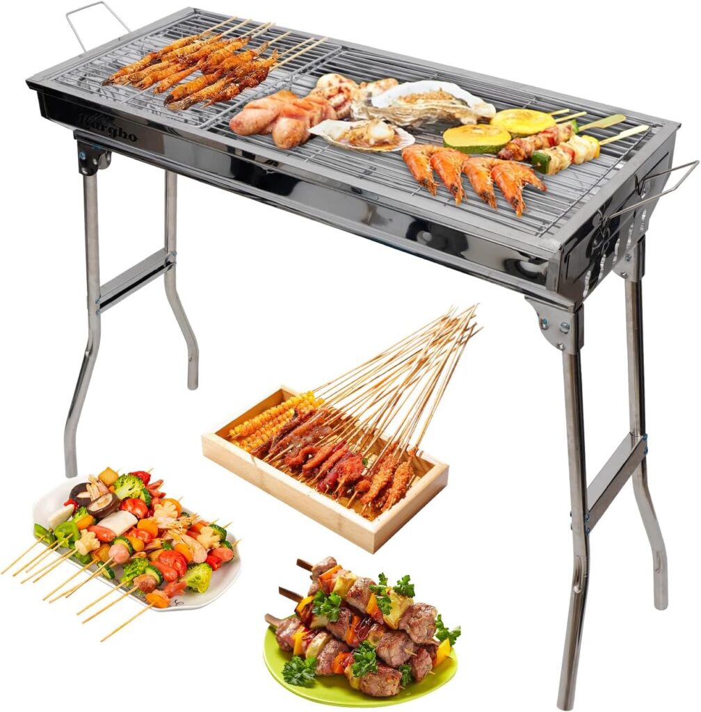 Portable Charcoal Grill for Camping & Tailgating – 28.5″ Foldable Stainless Steel BBQ Grill with 29×12.5″ Cooking Area | Compact Design for Backyard, Outdoor Cooking & Travel