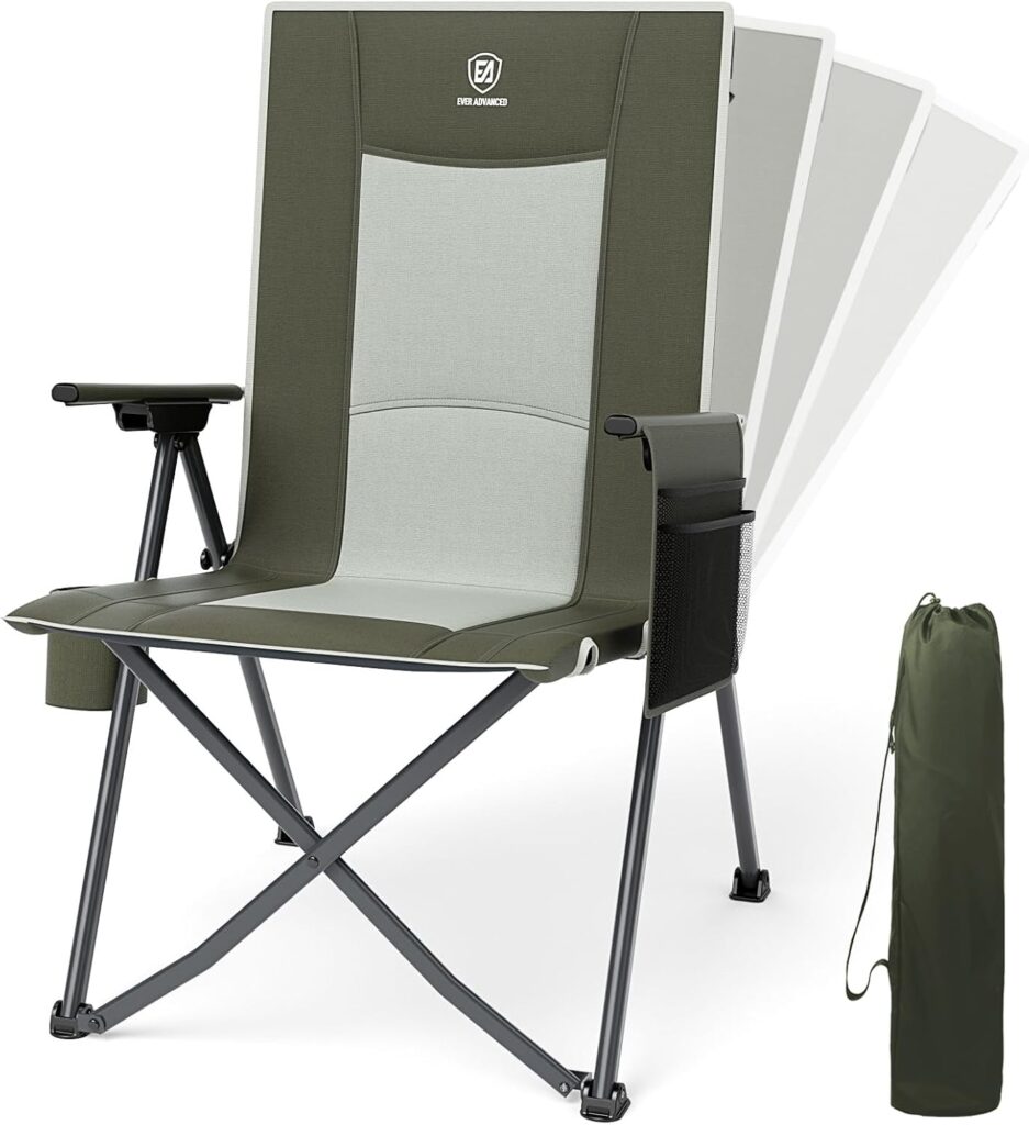 EVER ADVANCED Reclining Camping Chairs for Adult Lightweight, Folding Recliner Chair with Adjustable Back, 4-Level Lounge Chairs, Portable Lawn Chairs for Patio Balcony, Supports 350lbs Green