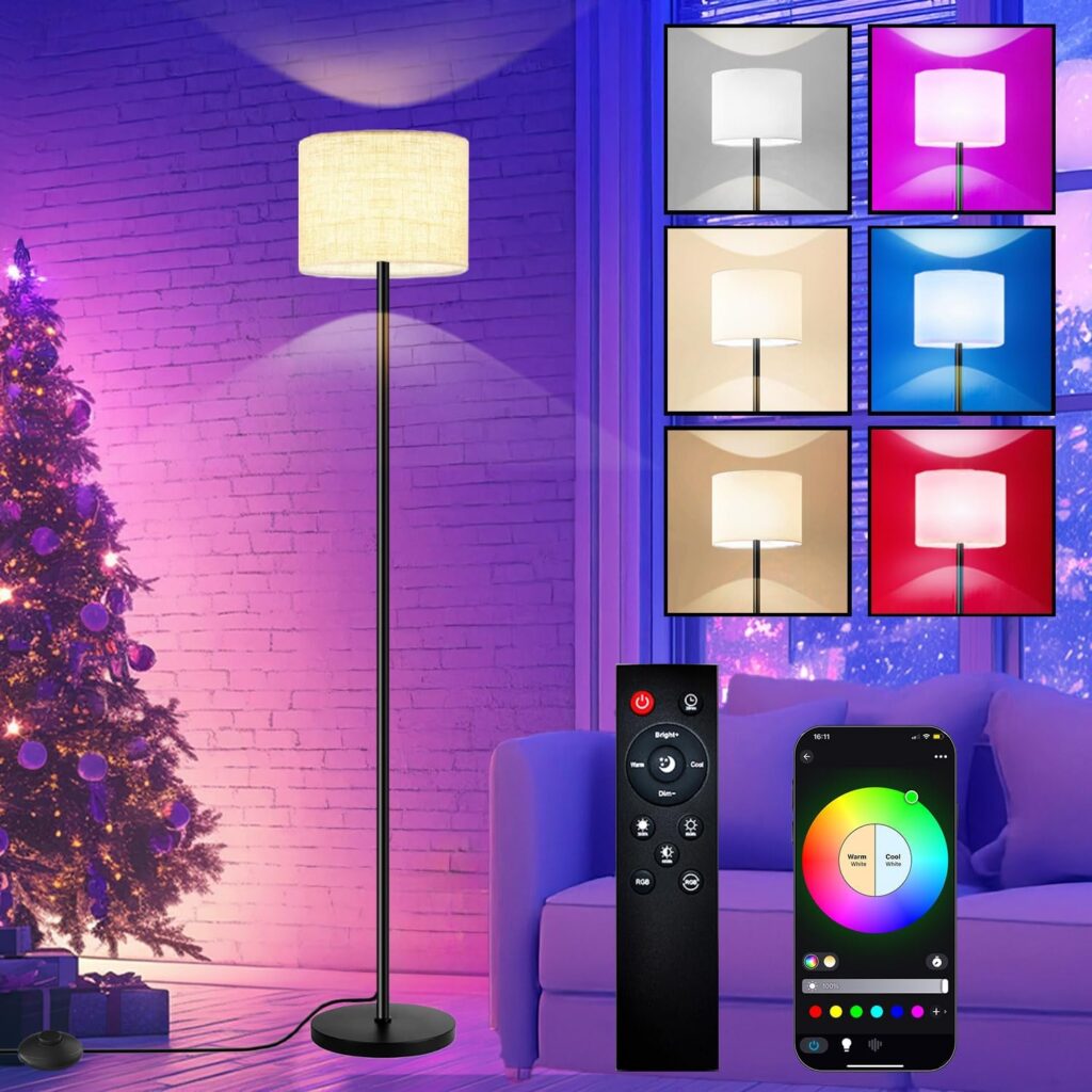 Smart Floor Lamp with APP & Remote Control – Dimmable RGB & White Light (3000K-6500K) for Living Room, Bedroom, Office – Modern Standing Lamp with 9W LED Bulb Included