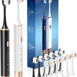 Sonic 2 Pack Electric Toothbrush for Adults and Kids, Travel Toothbrush Includes 12 Replacement Toothbrush Heads, 6 Modes with 2 MIN Smart Timer (Black White)