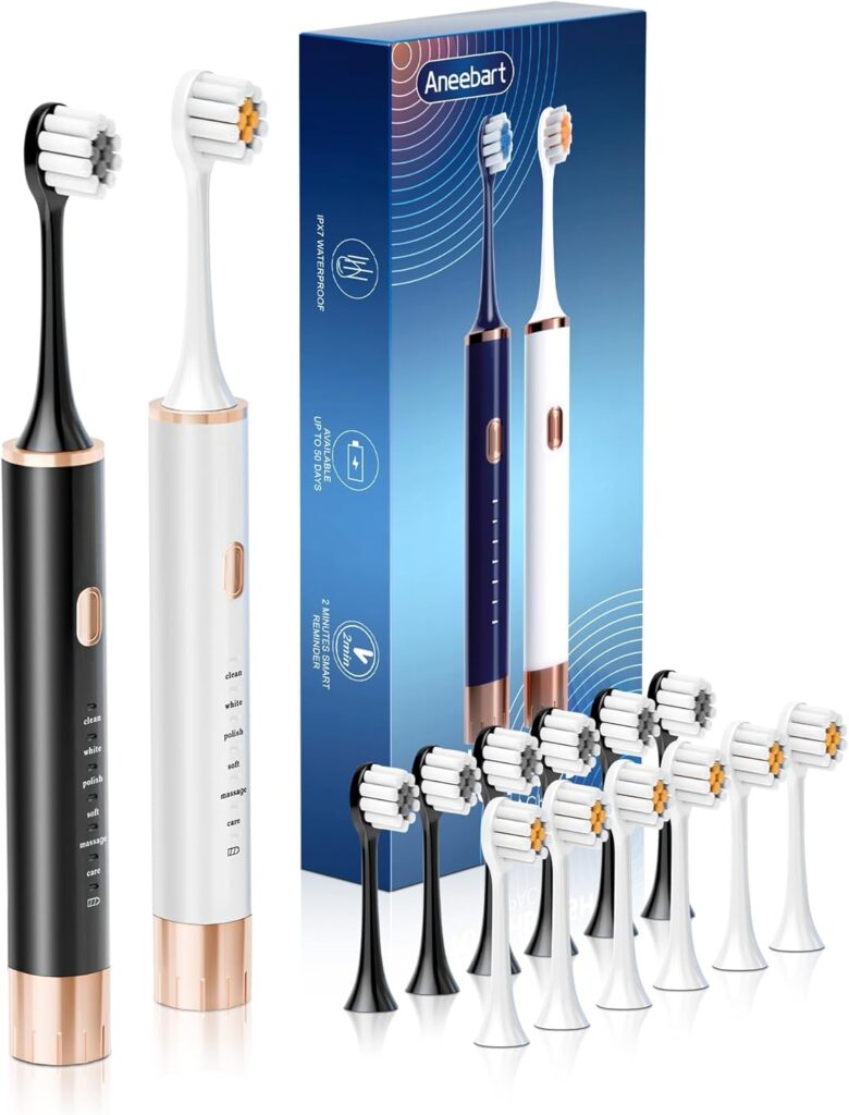 Sonic 2 Pack Electric Toothbrush for Adults and Kids, Travel Toothbrush Includes 12 Replacement Toothbrush Heads, 6 Modes with 2 MIN Smart Timer (Black White)