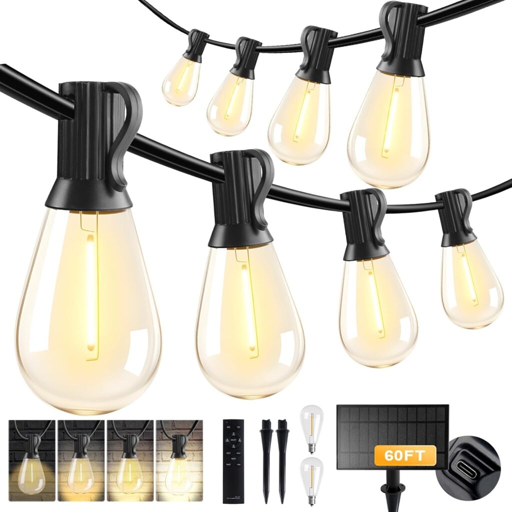 HJQ 60FT Solar String Lights Outdoor, Waterproof Patio Lights Solar-Powered with Remote & USB Charging, 20+1 LED Shatterproof Bulbs, 3 Modes, Dimmable Solar Hanging Lighting for Garden Backyard Decor