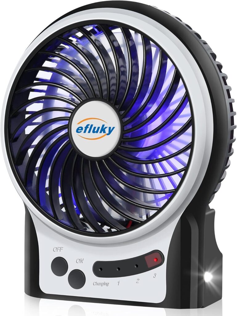 efluky 4.9-Inch Mini Desk Fan – 3 Speeds, Rechargeable Battery/USB Powered with LED Light, Quiet Portable Fan for Home, Office, Travel, Camping (Black)