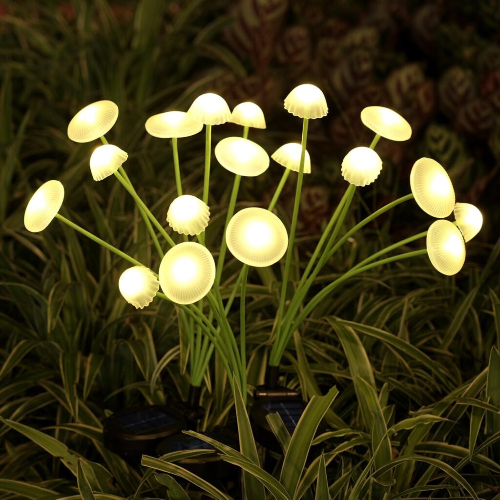 Solar Garden Lights, 2-Pack Dual Mode LED Solar Mushroom Lights, Waterproof Firefly Outdoor Decor for Yard, Patio, and Pathway – Warm White Jellyfish Ambiance