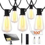 100FT Solar String Lights Outdoor Waterproof, Solar Patio Lights with Remote Control & 30+2 Dimmable ST38 Edison Bulbs Shatterproof,Solar Powered String Lights for Outside Garden Backyard