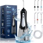 Water Dental Flosser Oral Irrigator with 5 Modes, 350ml Cordless Water Teeth Cleaner Pick 6 Tips, IPX7 Waterproof Rechargeable Portable Powerful Battery for Travel & Home Braces & Bridges Care