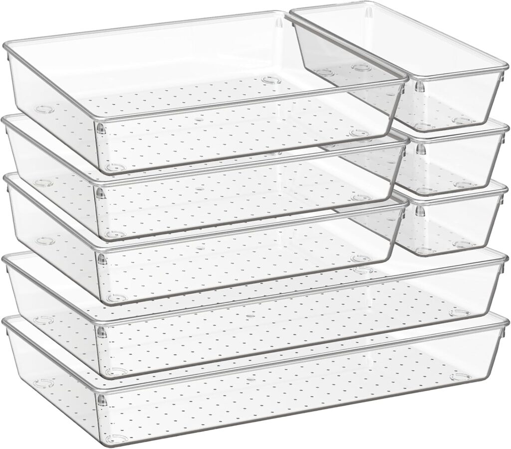 Criusia 8 Pack Drawer Organizer for Kitchen Gadgets, Large Clear Plastic Drawer Divider for Kitchen Accessories, Bathroom Organizers and Storage, Home Essentials for Makeup and Vanity Accessories