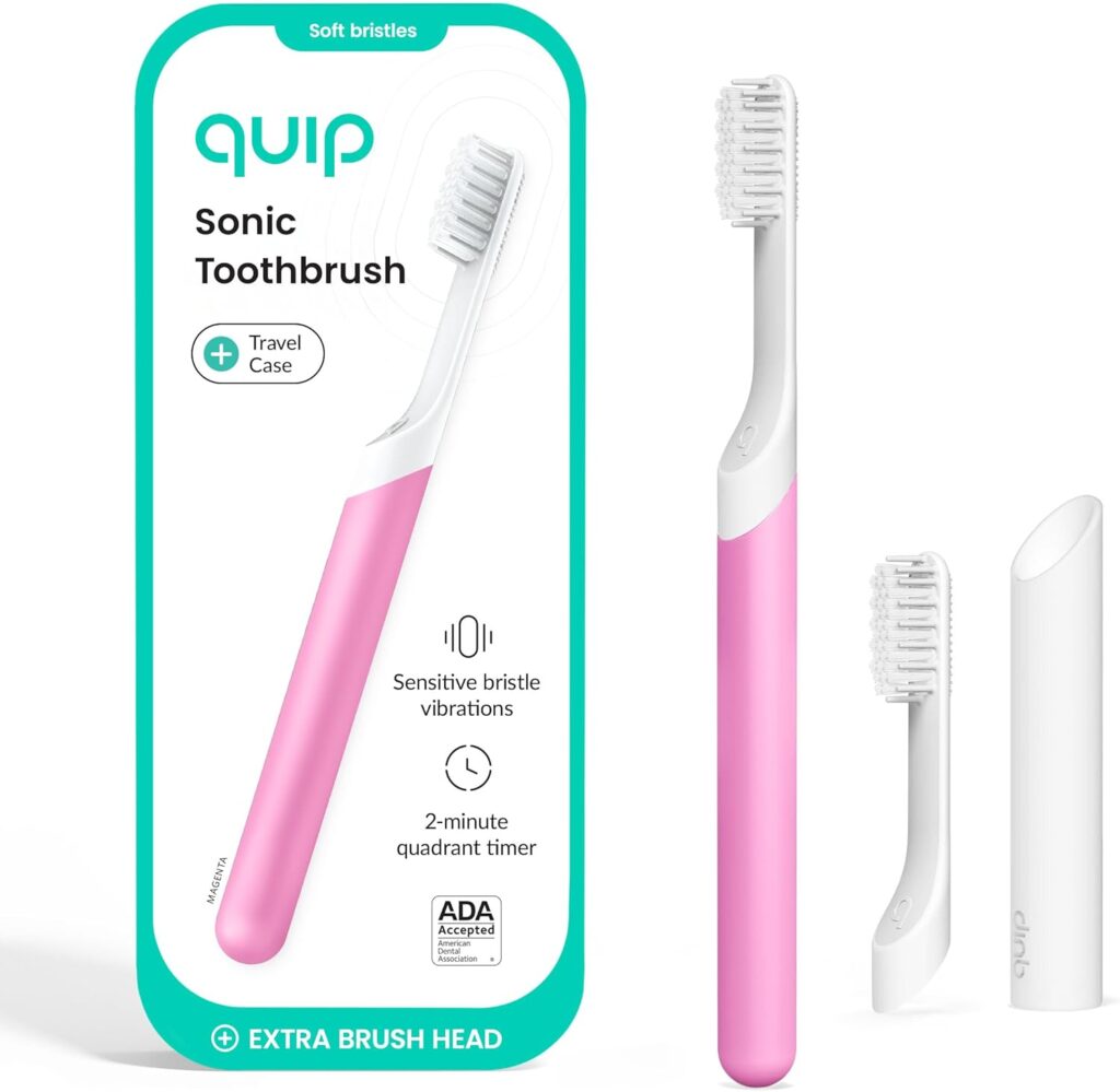 Quip Sonic Electric Toothbrush for Adults – Time Travel & Soft Bristles with Travel Case & Replacement Brush Head – 3 Month Battery Life, Plastic Handle – Magenta