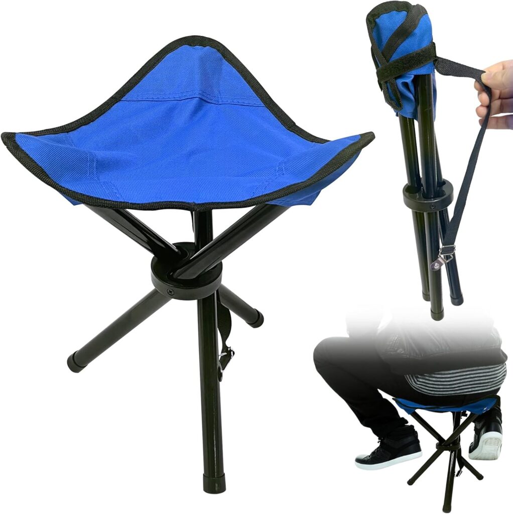 Travel Folding Camping Stool, Use Height 14.6″ and Maximum Weight 300 lbs Outdoor Portable Tripod Seat Fishing Chair Seat for Camping Fishing Hiking Gardening and Beach Garden Painting (Blue)