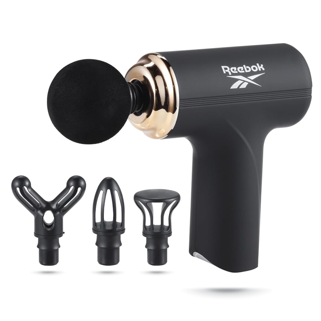 Reebok – Massage Gun, Handheld & Cordless Percussion Massager with Variable Speed w/ 4 Attachments for Deep Tissue Therapy to Light Pain Relief