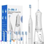 H2ofloss Sonic Electric Toothbrush and Water Flosser Combo, Rechargeable 2000mAh Toothbrush and 2500mAh Oral Irrigator with 300ml Tank, 4 Brush Heads, 5 Nozzles, 2 in 1 for Home and Travel (White)