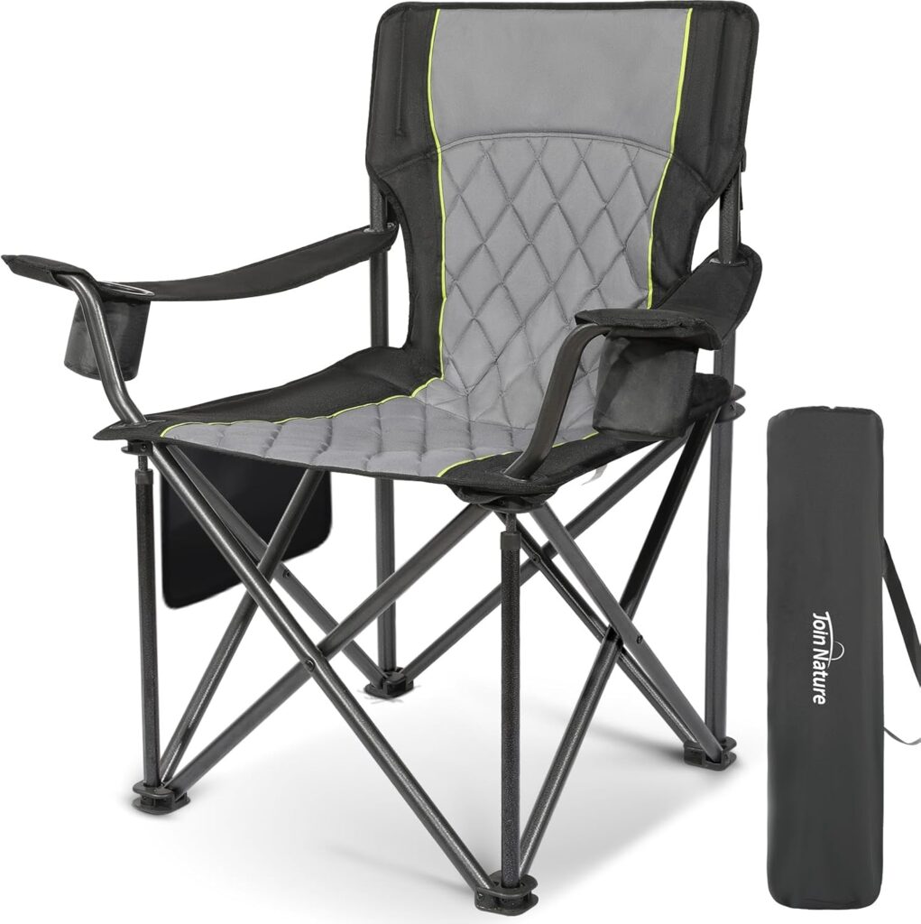Outdoor Large Camping Chairs for Adults, Heavy Duty Camp Chair Support 800lbs, King Kong Folding Chairs with Padded and Pocket for Outside, Sports, Lawn, Built Durable and Reliable, Black