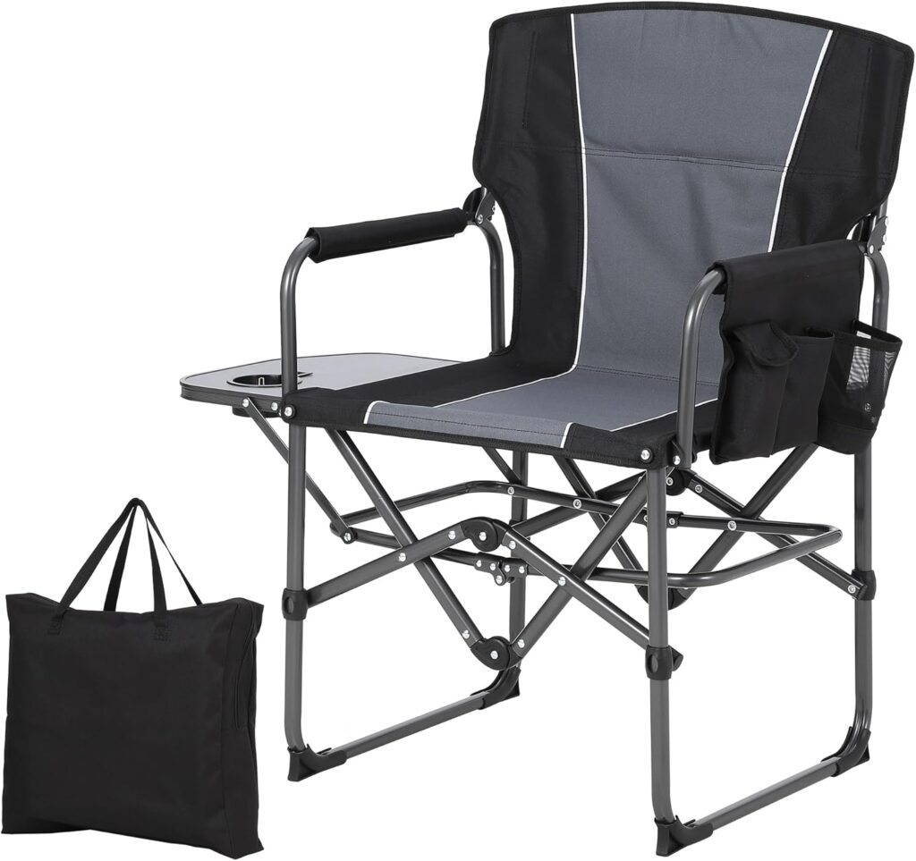 GarveeLife Oversized Directors Camping Chair, Portable Folding Chair for Adults Support 400 lbs, Heavy Duty Lawn Chair with Side Table, for Camping, Sports, Picnic, Beach, Fishing, 1 PCS, Black