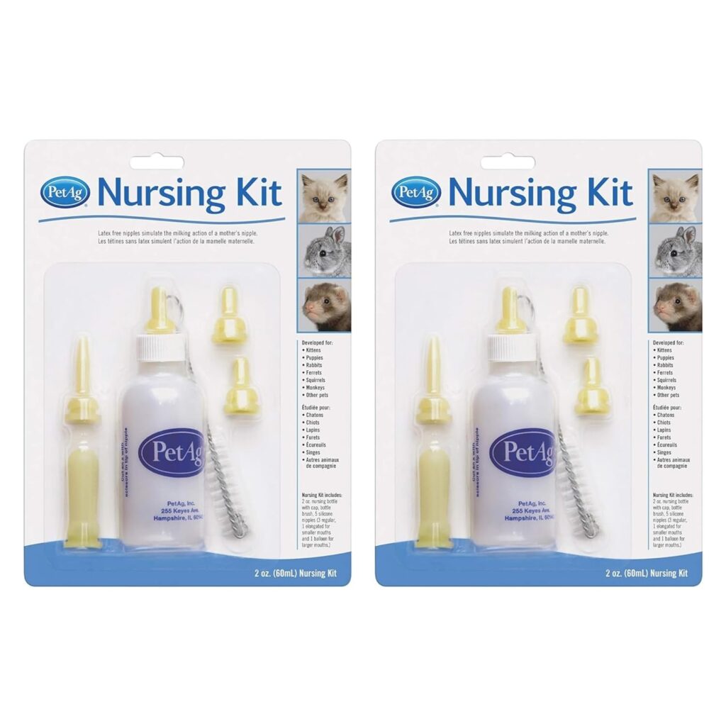 PetAg Nursing Kit – 2 oz, Pack of 2 – Promotes The Natural Feeding of Liquids to Baby Animals – Each Kit Includes 2 oz. Bottle with Cap, 5 Nipples & Cleaning Brush