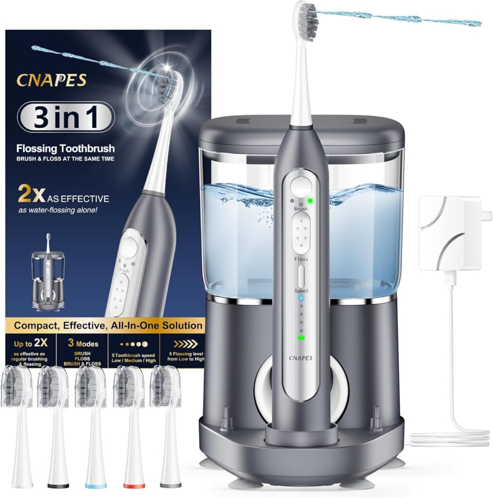 Electric Toothbrush with Water Flosser Combo in One – Sonic Flossing Toothbrushes for Teeth Cleaning, Rechargeable,Portable Cordless Water Flosser for Adults, 17oz Large Tank, 3 Modes & 5 Brush Heads