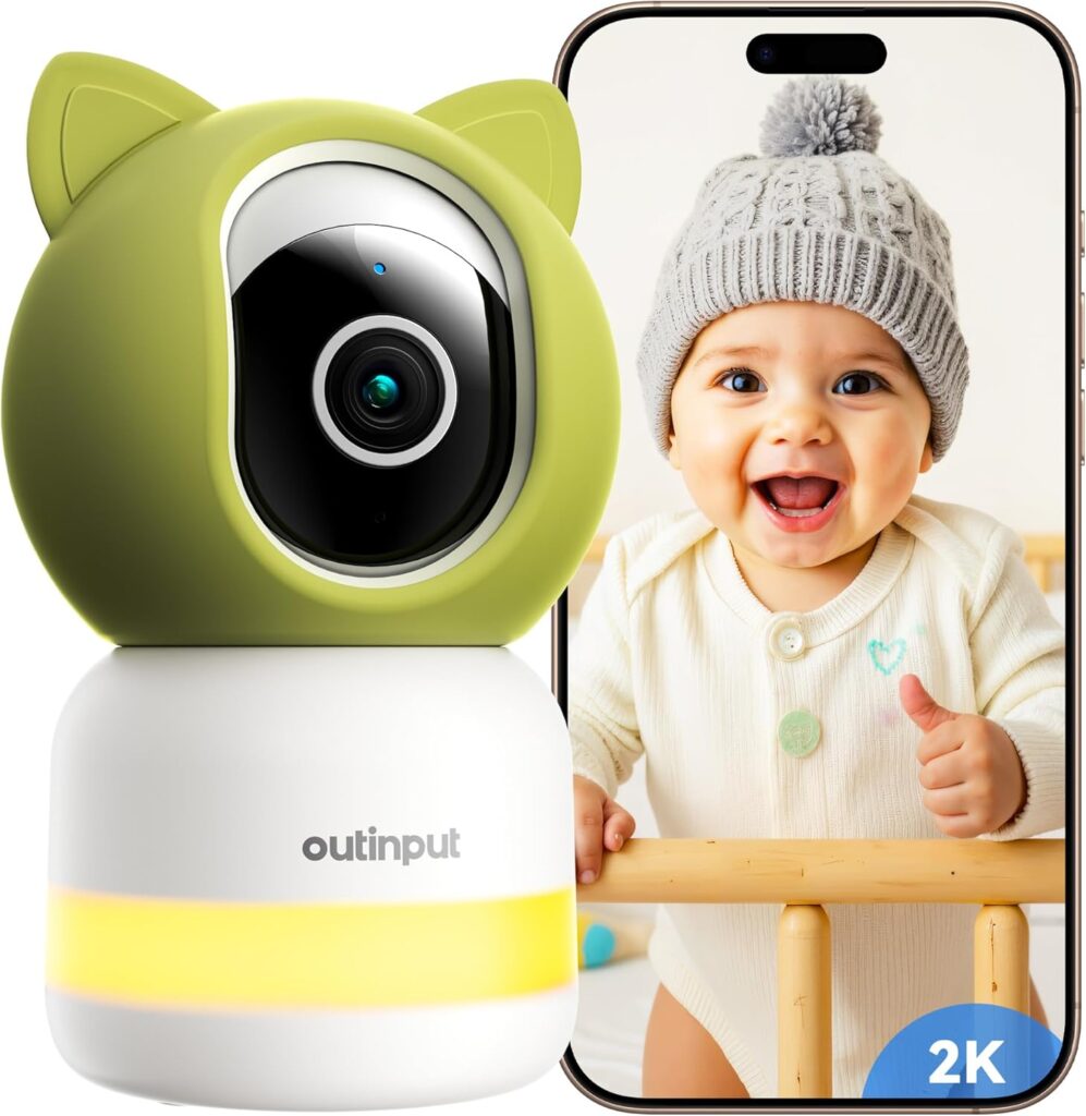 Outinput 2K 4MP WiFi Baby Monitor with Camera and Audio, App Control PTZ, Crying/Feeding/Temp/Humidity Alerts, Night Vision wtih Gentle Light, Soothing Lullabies for Baby Sleep, Cloud&Local Storage