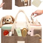 Baby Diaper Caddy Organizer with Portable Changing Mat and Heart Burp Cloth – Teddy Fleece nursery Organizer for Changing Table – Baby Basket for Changing Essentials – Taupe