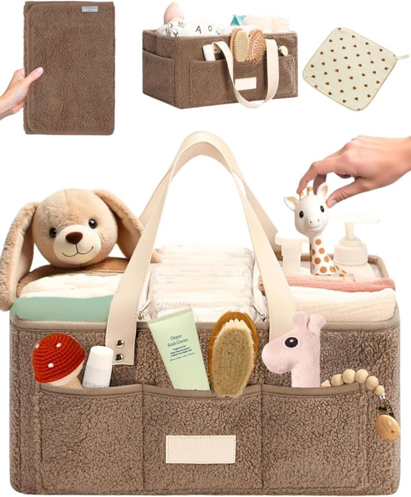 Baby Diaper Caddy Organizer with Portable Changing Mat and Heart Burp Cloth – Teddy Fleece nursery Organizer for Changing Table – Baby Basket for Changing Essentials – Taupe