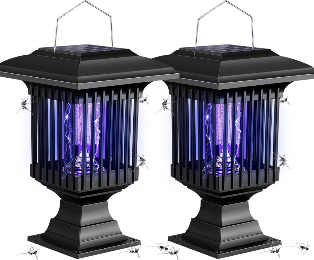 Qualirey 2 Pcs Solar Bug Zapper Outdoor with Stake Waterproof Mosquito Killer Lamp Lantern with White and UV Light Portable Cordless Mosquito Insect Zapper for Patio, Backyard, Garden, Camping