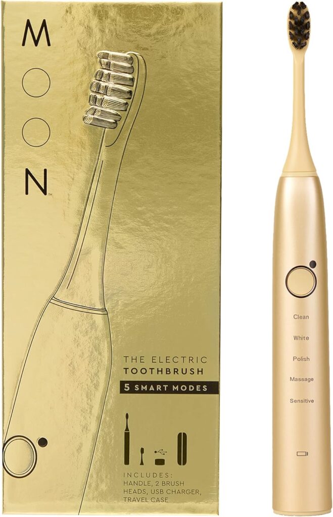 MOON Sonic Electric Toothbrush for Adults & Teens, Gold, 5 Smart Modes, Clean, White, Massage, Polish & Sensitive, Rechargeable with Travel Case & 2 Brush Heads, Industry-Leading 6 Week Charge