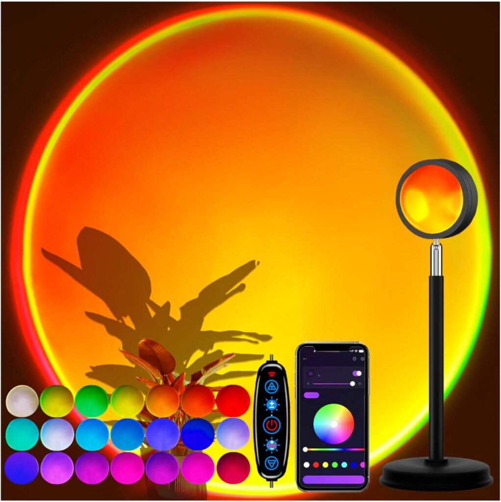 Sunset Lamp Projector with APP Control – 21 Color Changing LED Sunset Light, 180° Adjustable for Photography, Bedroom Decor, Party, Wedding, Mood Lighting
