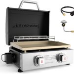 Brand-Man 2 Burner Portable Propane Griddle with Hood, 18,000 BTU Tabletop Flat Top Gas Grill with Warming Rack & Regulator for Outdoor Cooking, Camping BBQ, Tailgating Picnicking