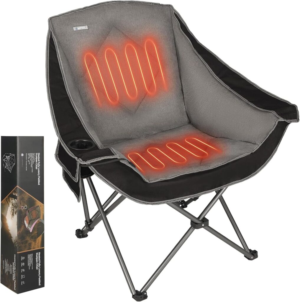 Heated Camping Chairs,Oversized Padded Heating Lawn Chair with Cup Holder,Wide&Thick,Heavy Duty Folding for Patio,Tailgates,and Sports,Battery NOT Included,Black