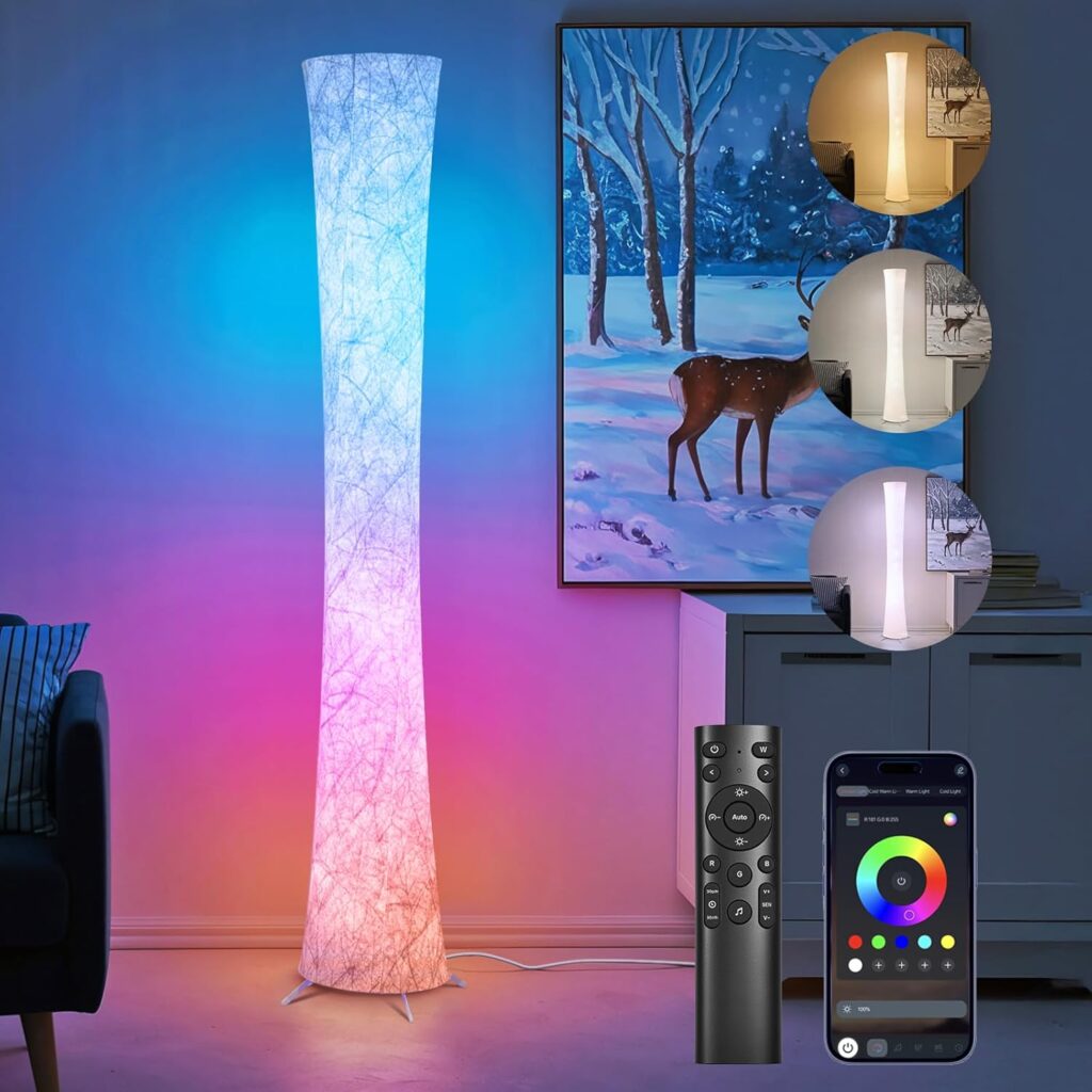 WORLD WIN Floor Lamp, 61” Smart RGB LED Corner Lamp with Music Sync and 16 Million DIY Colors, 3 Color Temperature, APP & Remote Control, Color Changing Standing Floor Lamp for Bedroom Living Room