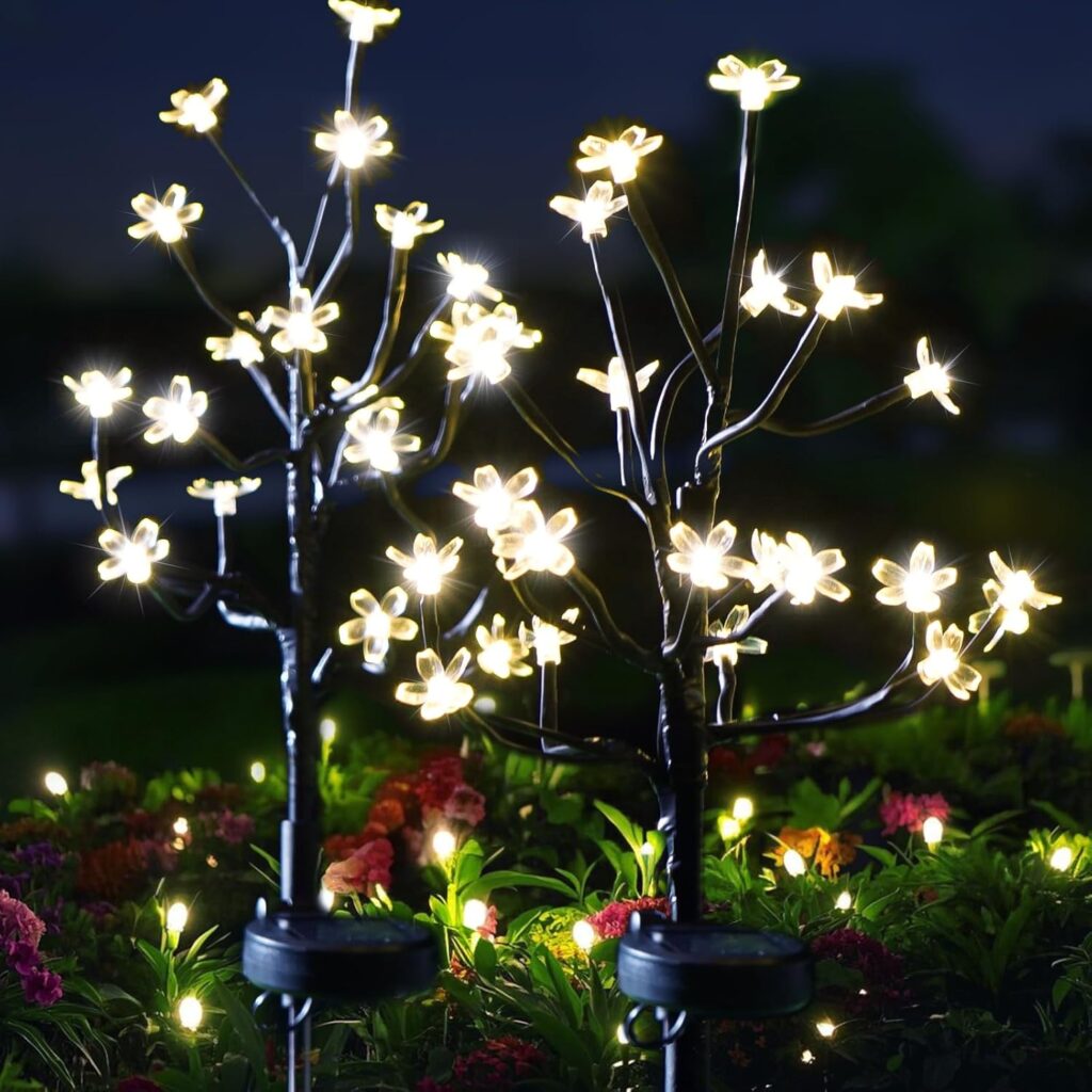 Solar Garden Lights Outdoor Waterproof,Solar Flowers For Outside Decorative,Solar Powered Fairy Outdoor Decorations for Yard,Patio,Lawn,Pathway Gardening Gifts Garden Decor (Warm White, 2 Pack)