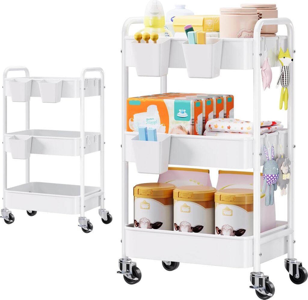 Diaper Cart Organizer with Wheels, 3 Tier Rolling Bedside Cart for Baby Essentials, Baby Organizers and Storage Diaper Caddy Cart for Changing Table, Crib, Bedroom, Newborn Nursery Supplies, White