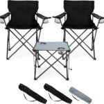 HaSteeL Folding Camping Chair Set of 3, Foldable Black Camp Chairs & Grey Table, Large Lawn Chair Portable for Adults Hiking, Fishing, Picnic, Outdoor BBQ, Travel, Sports, Cup Holders & Storage Bags