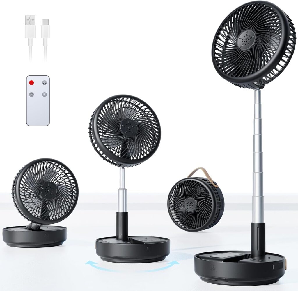 Portable Oscillating Travel Fan, 10400mAh Battery Operated Rechargeable USB Floor Table Desk Fan with Remote, 4 Speed Settings Pedestal Fan for Home Bedroom Office Camping Cruise, Black 8″