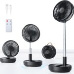 Portable Oscillating Travel Fan, 10400mAh Battery Operated Rechargeable USB Floor Table Desk Fan with Remote, 4 Speed Settings Pedestal Fan for Home Bedroom Office Camping Cruise, Black 8″