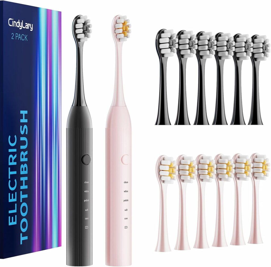 2 Pack Electric Toothbrush Set, Comes with 12 Brush Heads & 2 Electric Toothbrush,5 Modes with 2 Minutes Built in Smart Timer, One Charge for 60 Days, 38000 VPM Motor,Black and Pink.