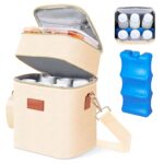 PIIOSER Breastmilk Cooler Bag with Ice Pack Fits 6 Baby Bottles Up to 9 Ounce, Insulated Baby Bottle Tote Bags, Double Layer Waterproof Leak-Proof with Shoulder Strap for Nursing & Working Mom (Cream)
