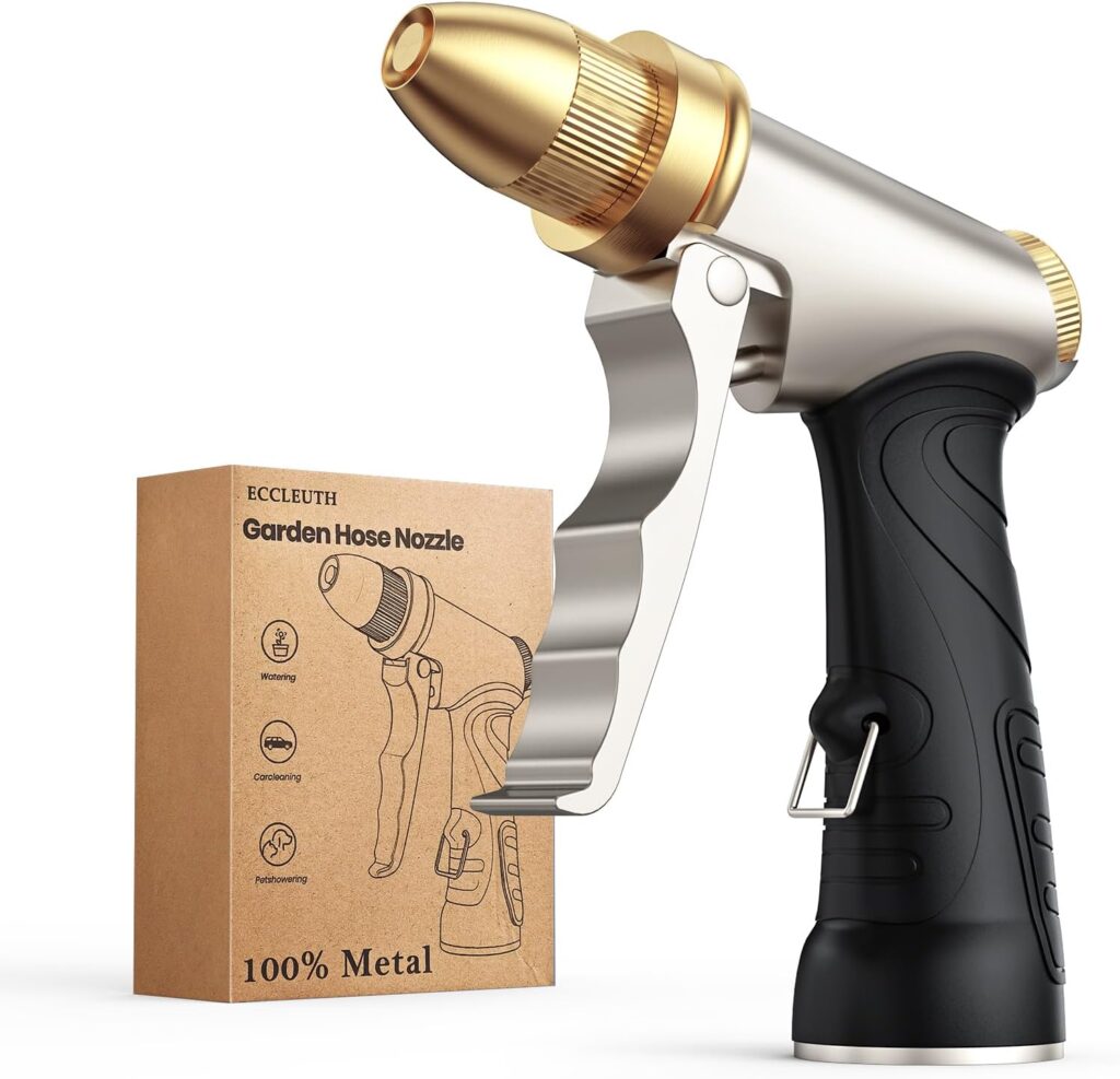 Heavy Duty Brass Garden Hose Nozzle High Pressure Metal Water Spray Nozzle with 4 Adjustable Patterns for Garden Watering, Car Washing & Pet Bathing (Brass)