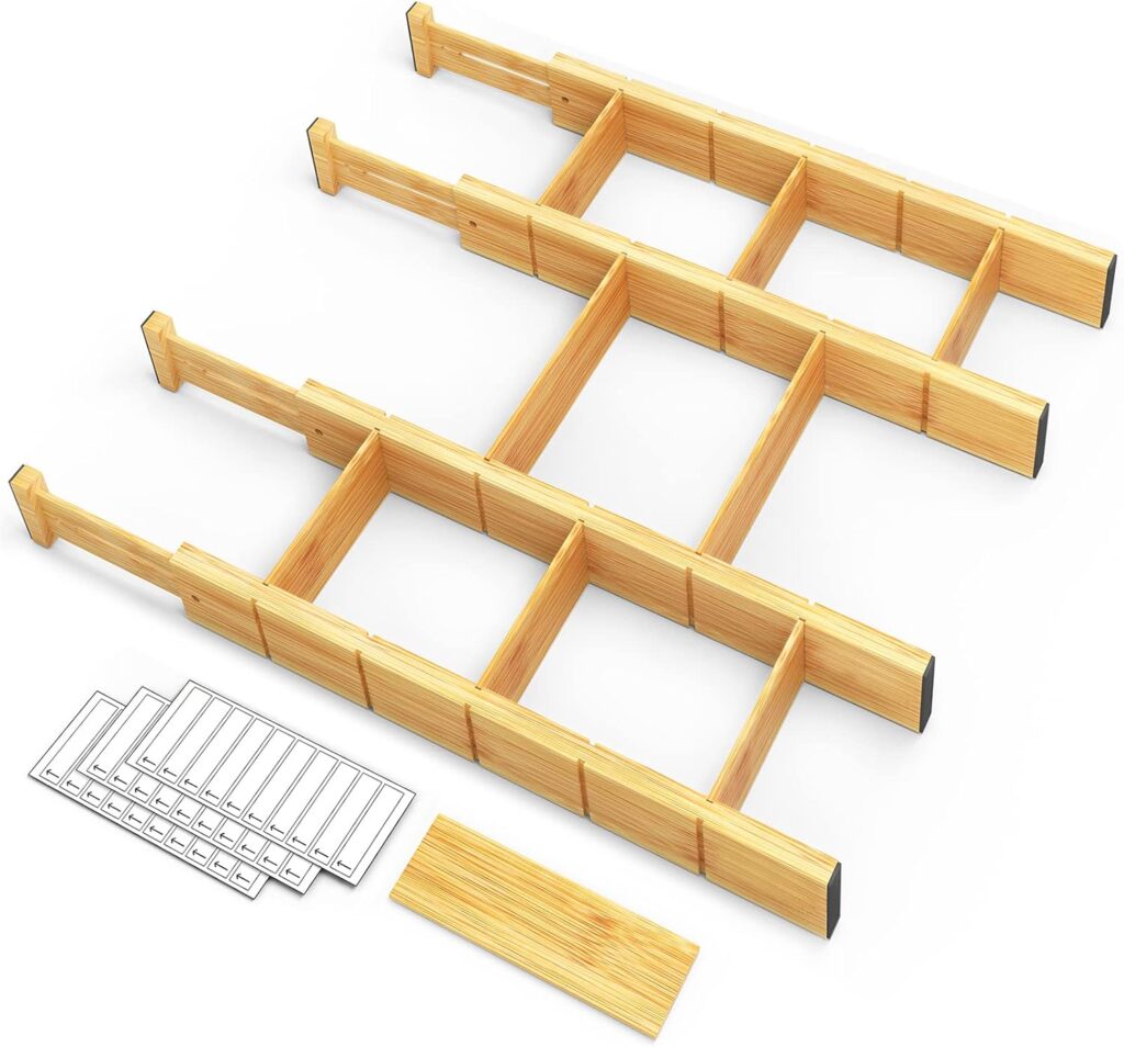 SpaceAid Bamboo Drawer Dividers with Inserts and Labels, Kitchen Adjustable Drawer Organizers, Expandable Organization for Home, Office, Dressers, 4 Dividers with 9 Inserts (17″-22″ Natural)